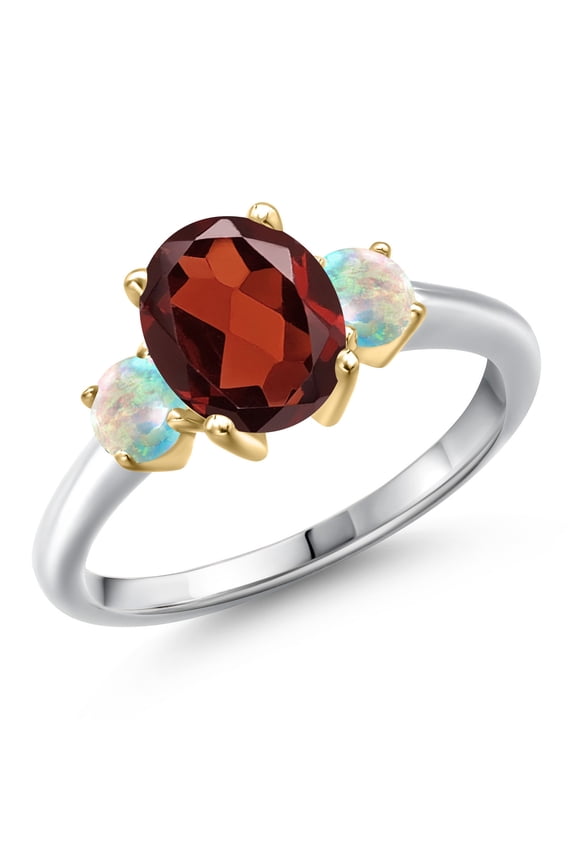 10K Two Tone Gold Red Garnet and Simulated White Opal Engagement Ring for Women | 2.63 Cttw | Oval 9X7MM | Gemstone January Birthstone | Size 6