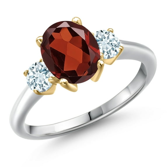 Gem Stone King 10K Two Tone Gold Red Garnet and Sky Blue Aquamarine Engagement Ring for Women | 2.63 Cttw | Oval 9X7MM | Gemstone January Birthstone | Size 6