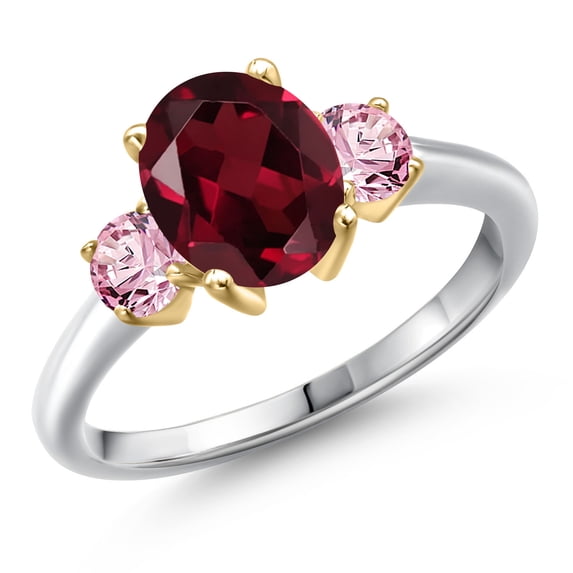 Gem Stone King 10K Two Tone Gold Red Rhodolite Garnet and Pink Lab Grown Diamond Engagement Ring for Women | 2.50 Cttw | Oval 9X7MM | Gemstone January Birthstone | Size 6