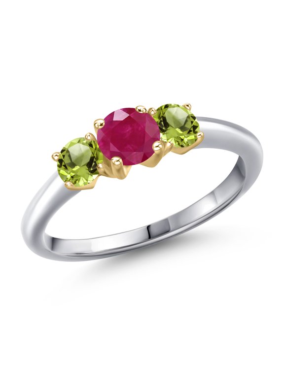 10K Two Tone Gold Red Ruby and Green Peridot Engagement Ring for Women | 1.15 Cttw | Round 5MM | Gemstone July Birthstone | Size 7