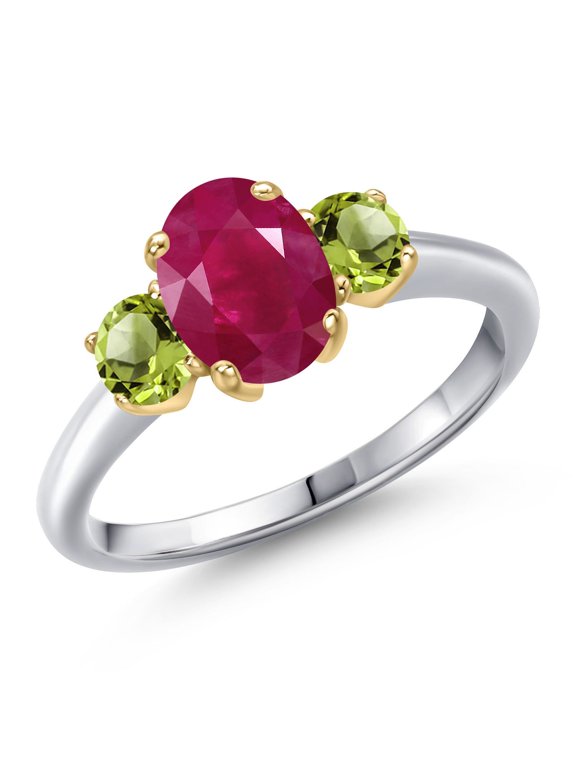 10K Two Tone Gold Red Ruby and Green Peridot Engagement Ring for Women | 2.20 Cttw | Oval 8X6MM | Gemstone July Birthstone | Size 5