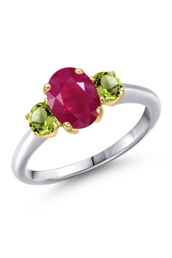 10K Two Tone Gold Red Ruby and Green Peridot Engagement Ring for Women | 2.20 Cttw | Oval 8X6MM | Gemstone July Birthstone | Size 8