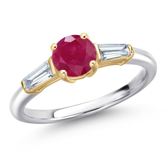 Gem Stone King 10K Two Tone Gold Red Ruby and Lab Grown Diamond Engagement Ring for Women | 1.30 Cttw | Round 6MM | Gemstone July Birthstone | Size 5