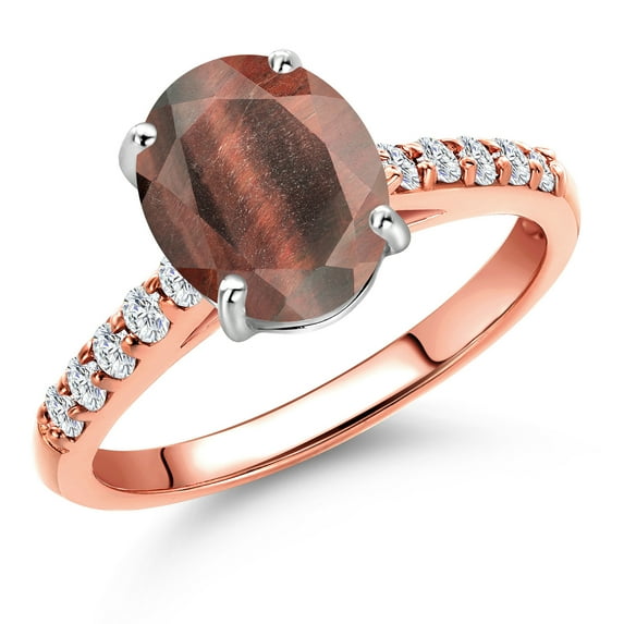 Gem Stone King 10K Two Tone Gold Red Tiger Eye and Lab Grown Diamond Engagement Ring for Women | 1.70 Cttw | Gemstone Birthstone | Oval 9X7MM