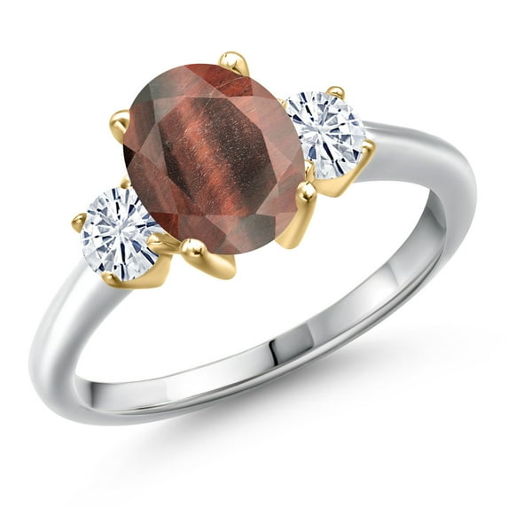 Gem Stone King 10K Two Tone Gold Red Tiger Eye and White Moissanite Engagement Ring for Women | 1.96 Cttw | Oval 9X7MM | Gemstone Birthstone | Size 9