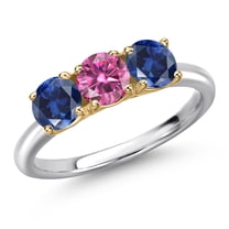 Gem Stone King 10K Two Tone Gold Pink Moissanite and Blue Created Sapphire Engagement Ring for Women | 1.70 Cttw | Round 5MM | Gemstone Birthstone | Size 5
