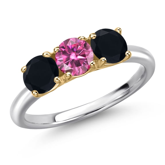 Gem Stone King 10K Two Tone Gold Pink Moissanite and Black Onyx Engagement Ring for Women | 1.45 Cttw | Round 5MM | Gemstone Birthstone | Size 6
