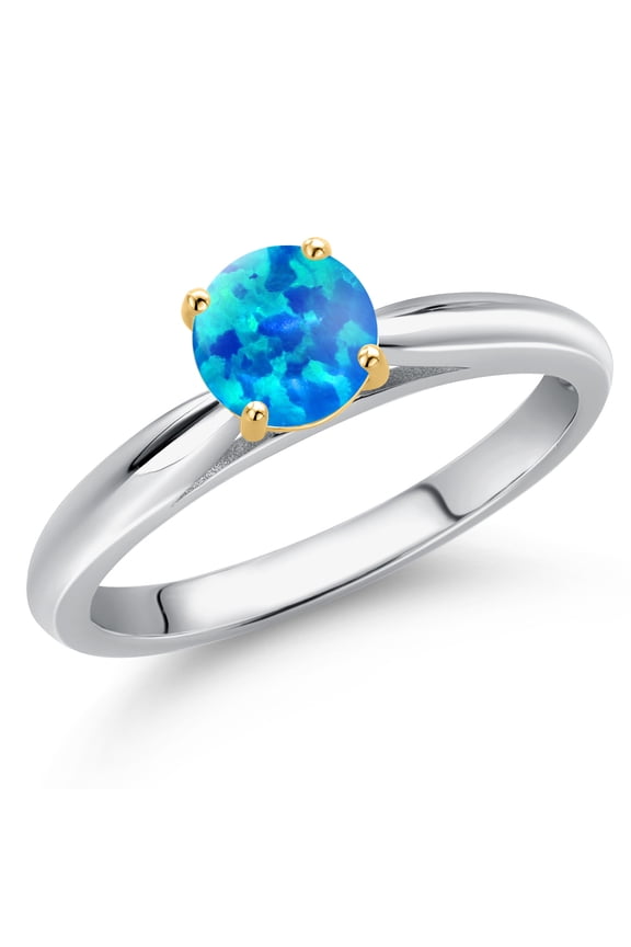10K Two Tone Gold Simulated Blue Opal Solitaire Engagement Ring for Women | 0.50 Cttw | Round Cabochon 5MM | Gemstone October Birthstone | Size 5