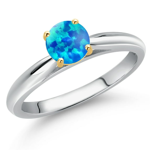 Gem Stone King 10K Two Tone Gold Simulated Blue Opal Solitaire Engagement Ring for Women | 0.50 Cttw | Round Cabochon 5MM | Gemstone October Birthstone | Size 6
