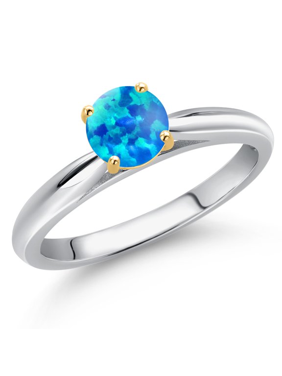 10K Two Tone Gold Simulated Blue Opal Solitaire Engagement Ring for Women | 0.50 Cttw | Round Cabochon 5MM | Gemstone October Birthstone | Wedding Anniversary Promise Ring | Size 7