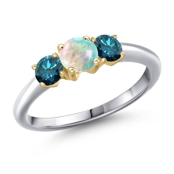 Gem Stone King 10K Two Tone Gold Simulated White Opal and Blue Diamond Engagement Ring for Women | 1.04 Cttw | Round Cabochon 5MM | Gemstone October Birthstone | Size 8