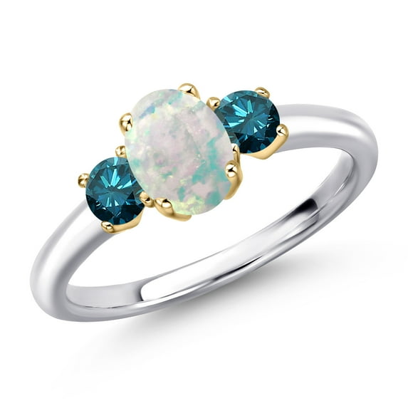 Gem Stone King 10K Two Tone Gold Simulated White Opal and Blue Diamond Engagement Ring for Women | 1.30 Cttw | Oval Cabochon 7X5MM | Gemstone October Birthstone | Size 8