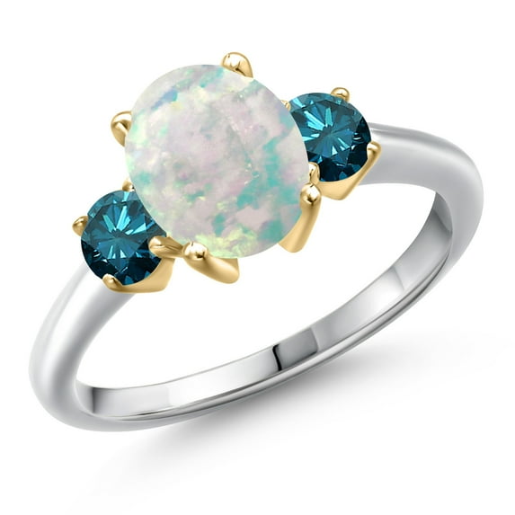 Gem Stone King 10K Two Tone Gold Simulated White Opal and Blue Diamond Engagement Ring for Women | 1.54 Cttw | Oval Cabochon 9X7MM | Gemstone October Birthstone | Size 6