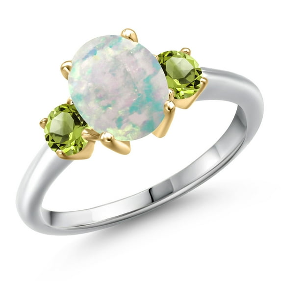 Gem Stone King 10K Two Tone Gold Simulated White Opal and Green Peridot Engagement Ring for Women | 1.60 Cttw | Oval Cabochon 9X7MM | Gemstone October Birthstone | Size 5