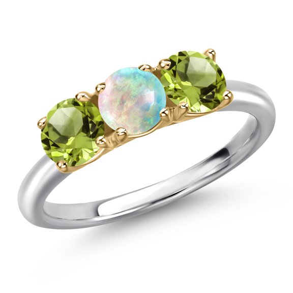 Gem Stone King 10K Two Tone Gold Simulated White Opal and Green Peridot Engagement Ring for Women | 1.60 Cttw | Round Cabochon 5MM | Gemstone October Birthstone | Size 6
