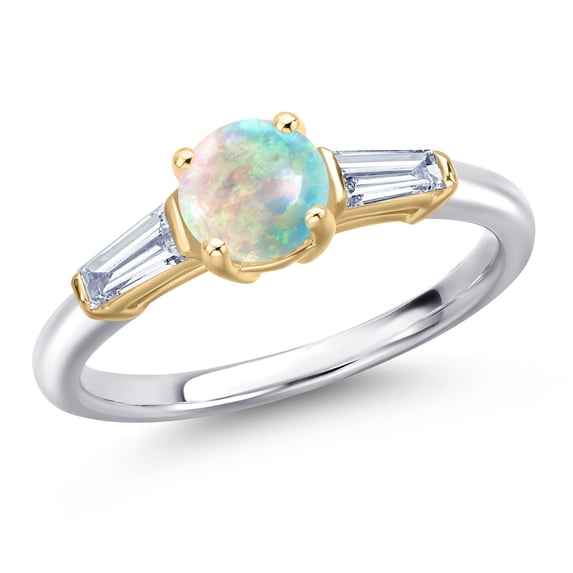 Gem Stone King 10K Two Tone Gold Simulated White Opal and Lab Grown Diamond Engagement Ring for Women | 0.60 Cttw | Round Cabochon 6MM | Gemstone October Birthstone | Size 5
