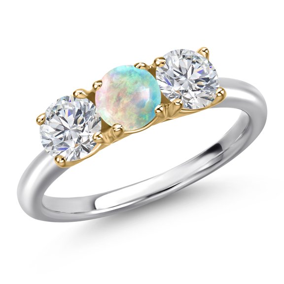 Gem Stone King 10K Two Tone Gold Simulated White Opal and Lab Grown Diamond Engagement Ring for Women | 1.50 Cttw | Round Cabochon 5MM | Gemstone October Birthstone | Size 8