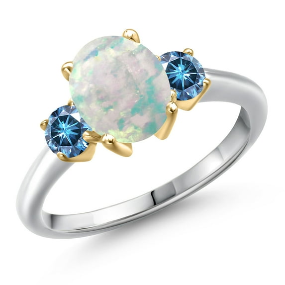 Gem Stone King 10K Two Tone Gold Simulated White Opal and Persian Blue Moissanite Engagement Ring for Women | 1.46 Cttw | Oval Cabochon 9X7MM | Gemstone October Birthstone | Size 7
