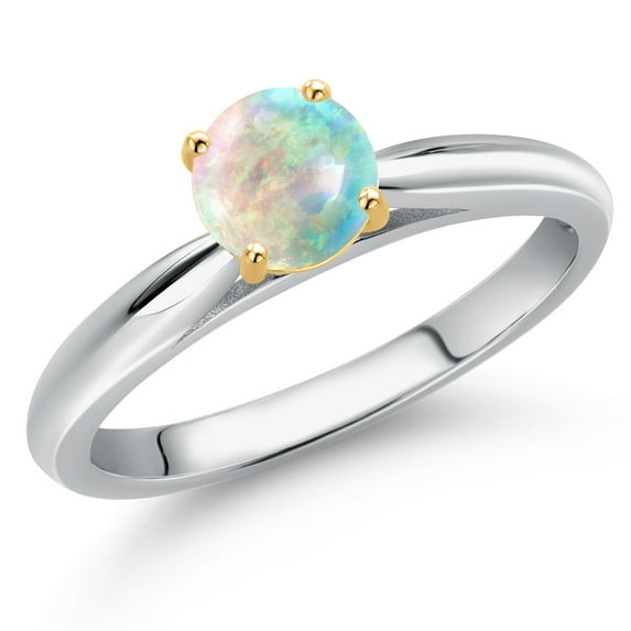 Gem Stone King 10K Two Tone Gold Simulated White Opal Solitaire Engagement Ring for Women | 0.50 Cttw | Round Cabochon 5MM | Gemstone October Birthstone | Size 8