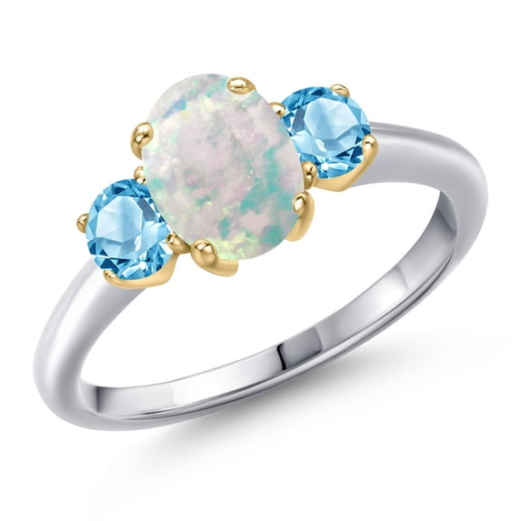 Gem Stone King 10K Two Tone Gold Simulated White Opal and Swiss Blue Topaz Engagement Ring for Women | 1.71 Cttw | Oval Cabochon 8X6MM | Gemstone October Birthstone | Size 5