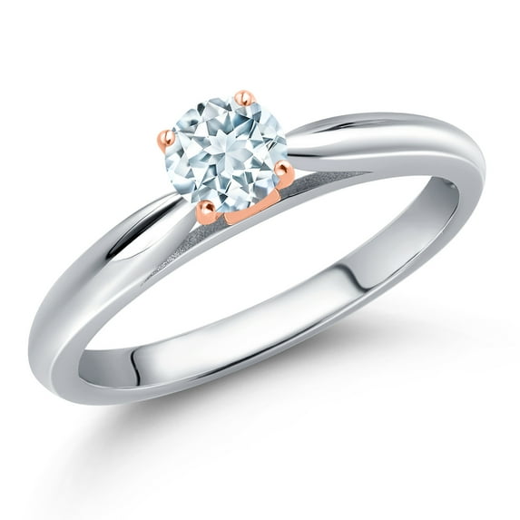 Gem Stone King 10K Two Tone Gold Sky Blue Aquamarine Engagement Ring for Women | 0.25 Cttw | Round 4MM | Gemstone March Birthstone | Size 9