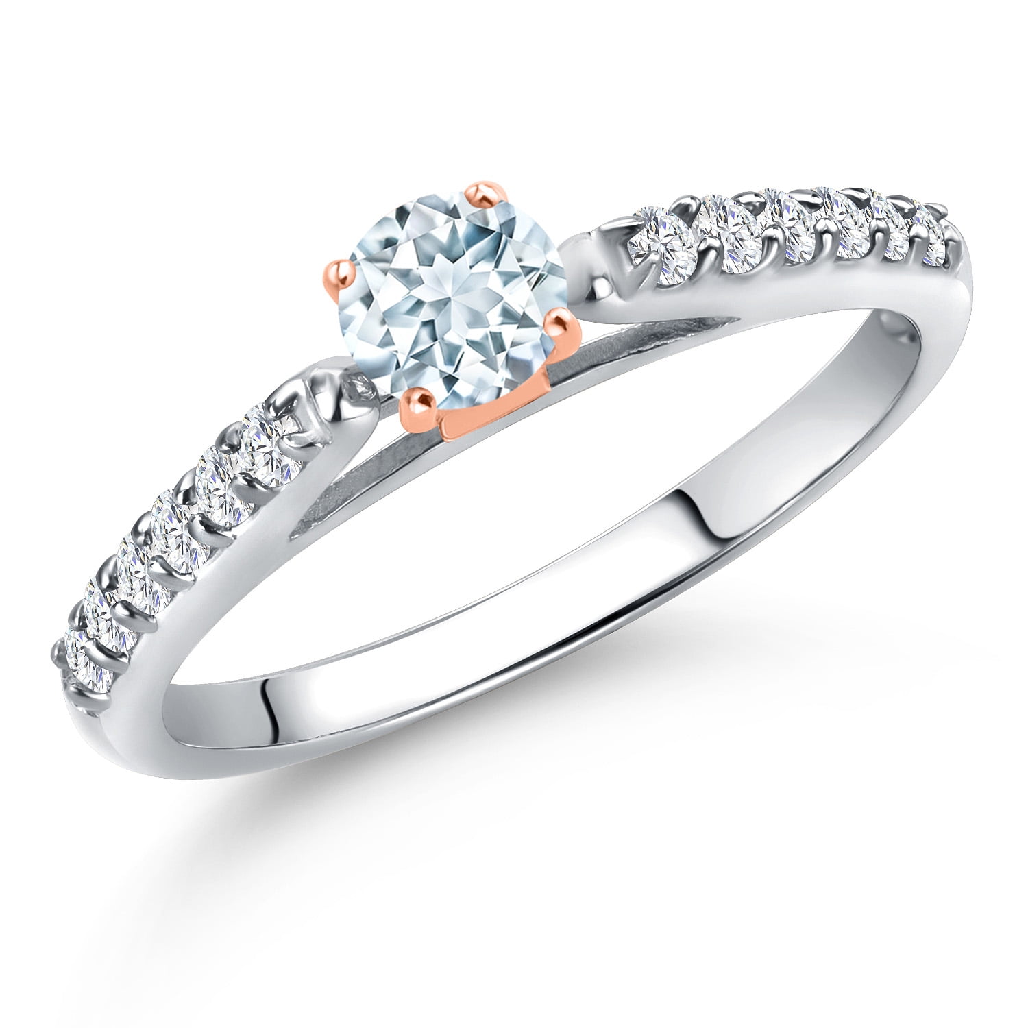 Gem Stone King 10K Two Tone Gold Sky Blue Aquamarine and Lab Grown Diamond Engagement Ring for Women | 0.43 Cttw | Round 4MM | Gemstone March Birthstone | Size 9