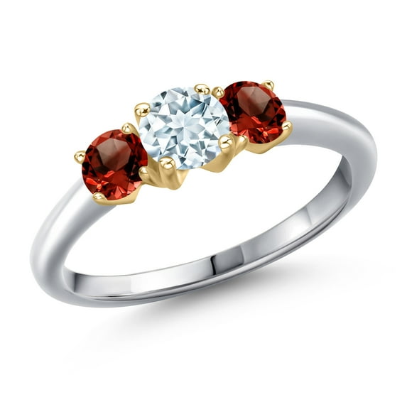 Gem Stone King 10K Two Tone Gold Sky Blue Aquamarine and Red Garnet Engagement Ring for Women | 1.24 Cttw | Round 5MM | Gemstone March Birthstone | Size 7