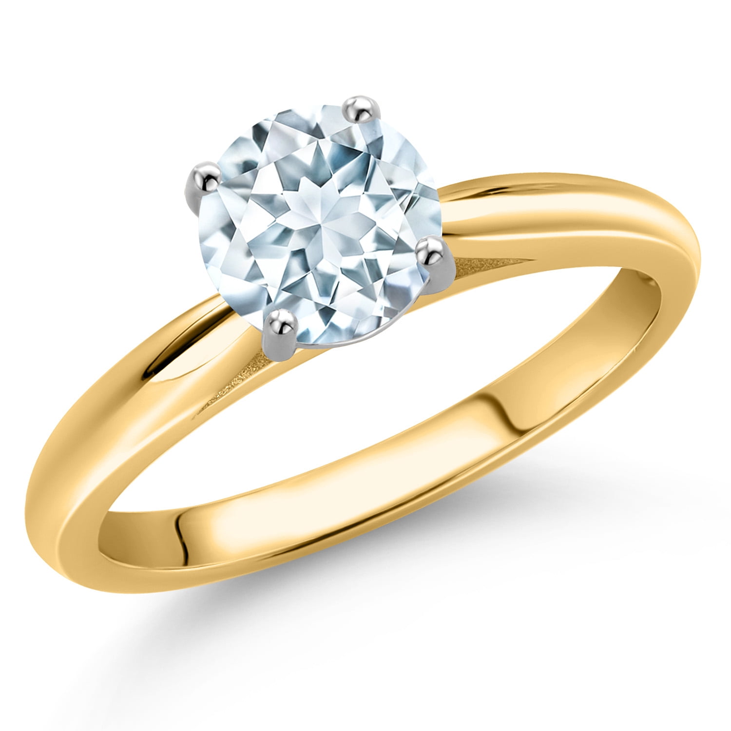 Gem Stone King 10K Two Tone Gold Sky Blue Aquamarine Solitaire Engagement Ring for Women | 0.75 Cttw | Round 6MM | Gemstone March Birthstone | Size 8