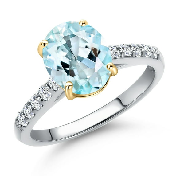 Gem Stone King 10K Two Tone Gold Sky Blue Topaz and Lab Grown Diamond Engagement Ring for Women | 2.20 Cttw | Oval 9X7MM | Gemstone November Birthstone | Size 8