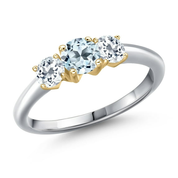 Gem Stone King 10K Two Tone Gold Sky Blue Topaz and White Topaz Engagement Ring for Women | 1.36 Cttw | Round 5MM | Gemstone November Birthstone | Size 9