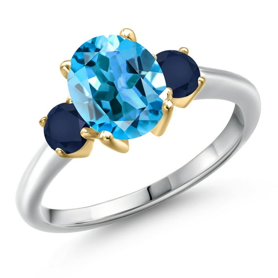 Gem Stone King 10K Two Tone Gold Swiss Blue Topaz and Blue Sapphire Engagement Ring for Women | 2.95 Cttw | Oval 9X7MM | Gemstone November Birthstone | Size 5