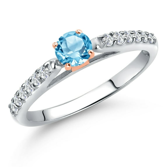 Gem Stone King 10K Two Tone Gold Swiss Blue Topaz and Lab Grown Diamond Engagement Ring for Women | 0.54 Cttw | Round 4MM | Gemstone November Birthstone | Size 6