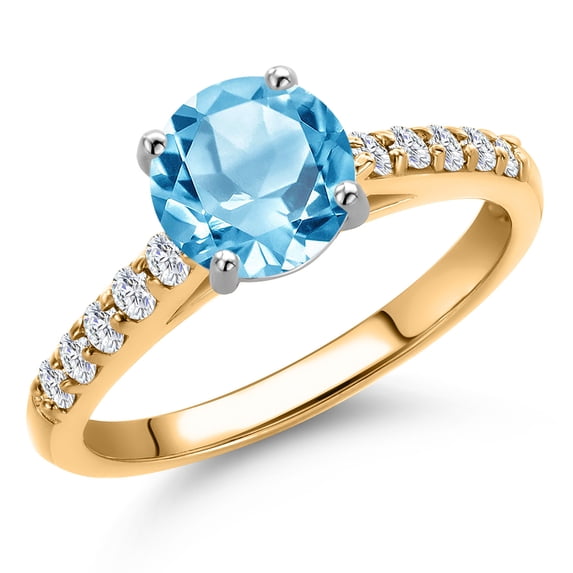 Gem Stone King 10K Two Tone Gold Swiss Blue Topaz and Lab Grown Diamond Engagement Ring for Women | 1.85 Cttw | Round 7MM | Gemstone November Birthstone | Size 9