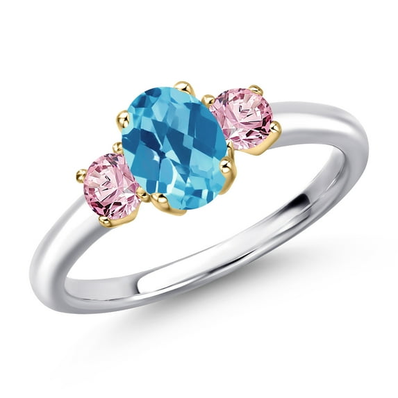 Gem Stone King 10K Two Tone Gold Swiss Blue Topaz and Pink Lab Grown Diamond Engagement Ring for Women | 1.36 Cttw | Oval Checkerboard 7X5MM | Gemstone November Birthstone | Size 5