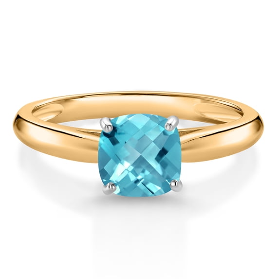 Gem Stone King 10K Two Tone Gold Swiss Blue Topaz Solitaire Engagement Ring for Women (1.12 Cttw, Gemstone November Birthstone, Cushion Checkerboard 6MM)