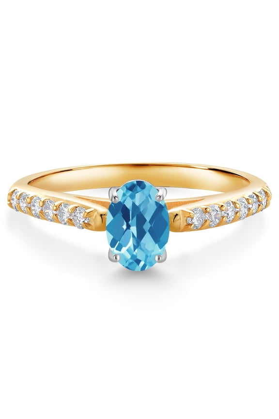 10K Two Tone Gold Swiss Blue Topaz and White Lab Grown Diamond Engagement Ring for Women (1.18 Cttw, Gemstone November Birthstone, Oval Checkerboard 7X5MM, Size 9)