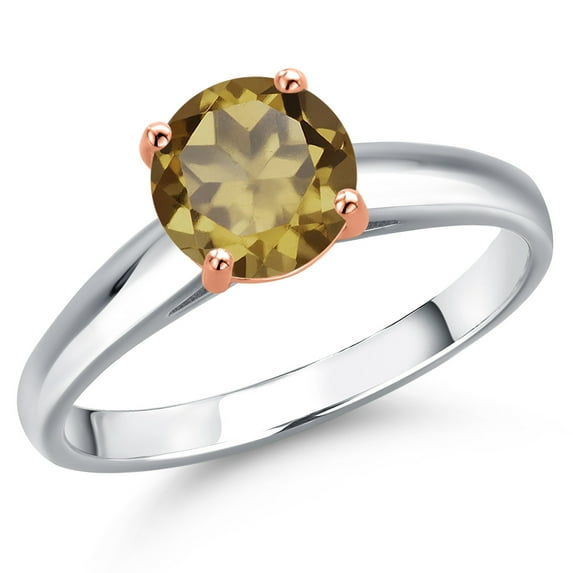 Gem Stone King 10K Two Tone Gold Whiskey Quartz Solitaire Engagement Ring for Women | 1.25 Cttw | Round 7MM | Gemstone Birthstone | Size 9