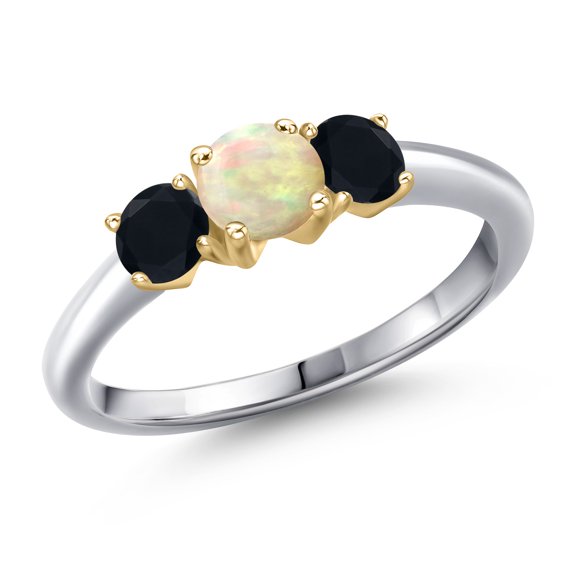 Gem Stone King 10K Two Tone Gold White Ethiopian Opal and Black Onyx Engagement Ring for Women | 0.74 Cttw | Round Cabochon 5MM | Gemstone October Birthstone | Size 8