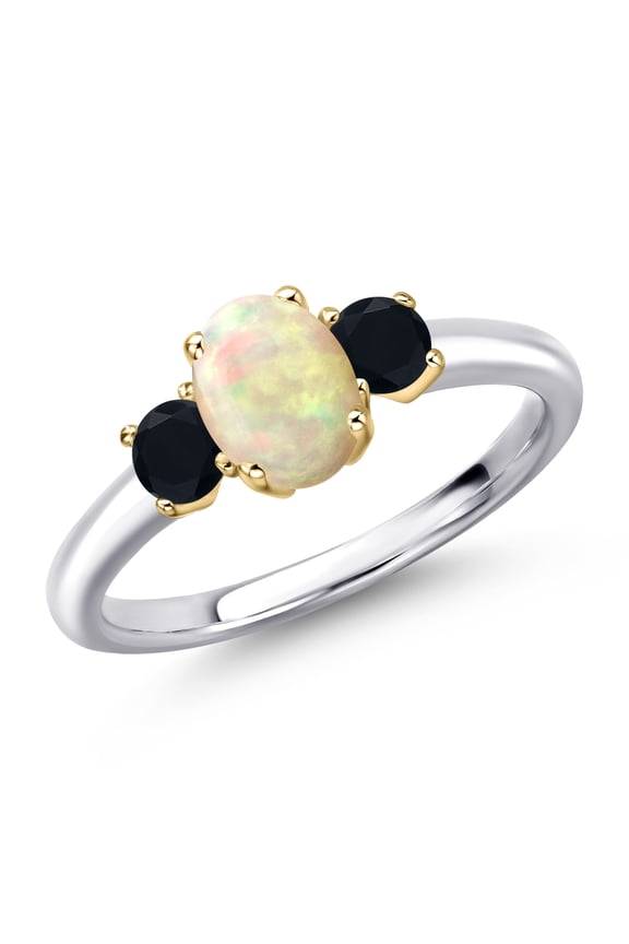 10K Two Tone Gold White Ethiopian Opal and Black Onyx Engagement Ring for Women | 0.77 Cttw | Oval Cabochon 7X5MM | Gemstone October Birthstone | Size 6