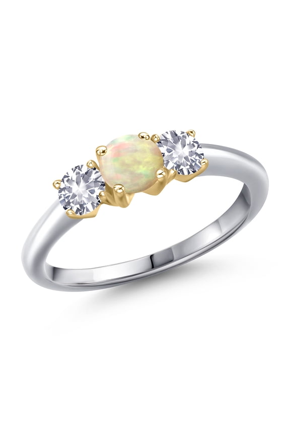 10K Two Tone Gold White Ethiopian Opal and White Created Sapphire Engagement Ring for Women | 0.80 Cttw | Round Cabochon 5MM | Gemstone October Birthstone | Size 9