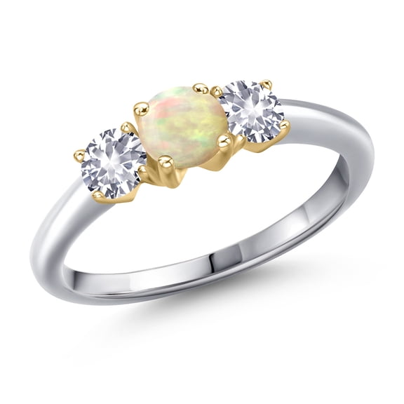 Gem Stone King 10K Two Tone Gold White Ethiopian Opal and White Created Sapphire Engagement Ring for Women | 0.80 Cttw | Round Cabochon 5MM | Gemstone October Birthstone | Size 8