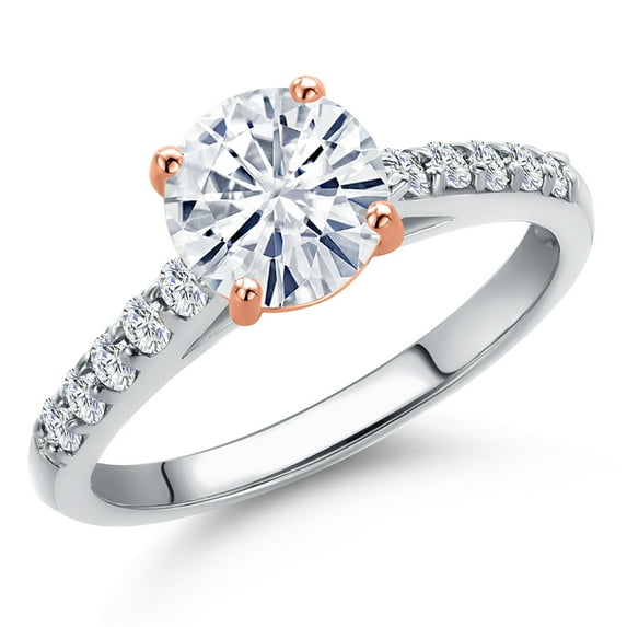 Gem Stone King 10K White and Rose Gold White Moissanite and Lab Grown Diamond Engagement Ring for Women | 1.40 Cttw | Round 7MM | Gemstone Birthstone | Size 7