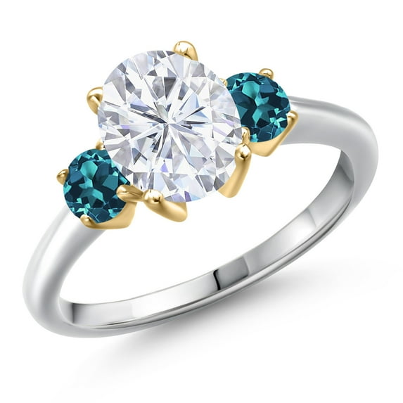 Gem Stone King 10K Two Tone Gold White Moissanite and London Blue Topaz Engagement Ring for Women | 2.76 Cttw | Oval 9X7MM | Gemstone Birthstone | Size 7
