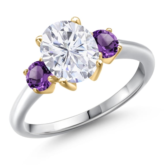 Gem Stone King 10K Two Tone Gold White Moissanite and Purple Amethyst Engagement Ring for Women | 2.60 Cttw | Oval 9X7MM | Gemstone Birthstone | Size 8