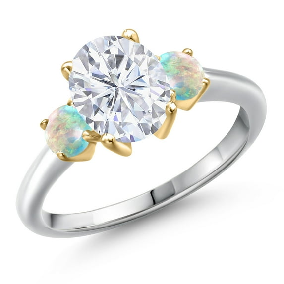 Gem Stone King 10K Two Tone Gold White Moissanite and Simulated White Opal Engagement Ring for Women | 2.60 Cttw | Oval 9X7MM | Gemstone Birthstone | Size 9