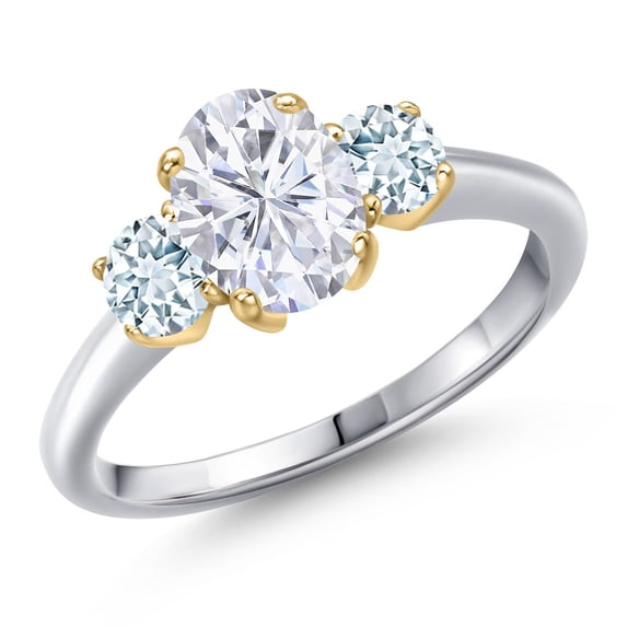 Gem Stone King 10K Two Tone Gold White Moissanite and Sky Blue Aquamarine Engagement Ring for Women | 2.00 Cttw | Oval 8X6MM | Gemstone Birthstone | Size 8