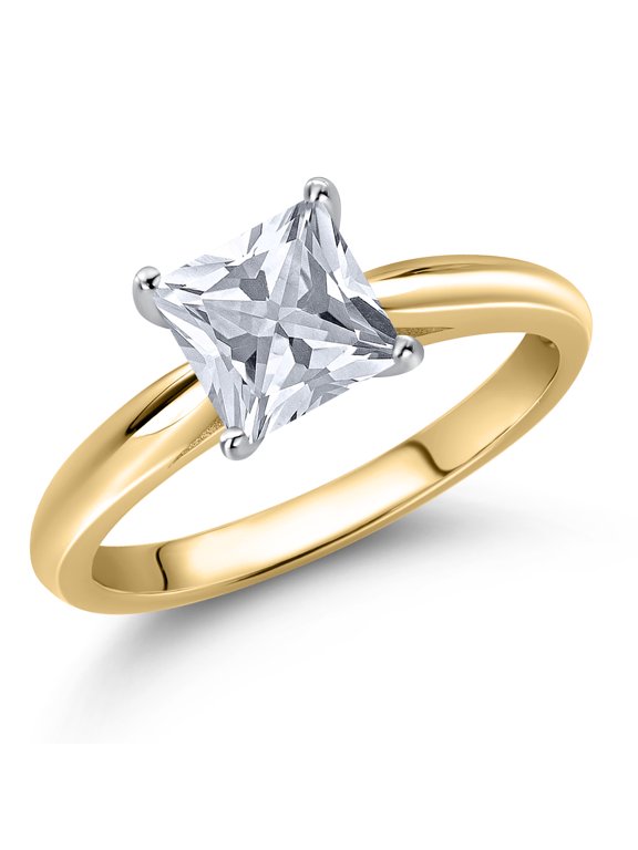 10K Two Tone Gold White Zirconia Solitaire Engagement Ring for Women | 1.25 Cttw | Princess 6MM | Gemstone Birthstone | Size 8