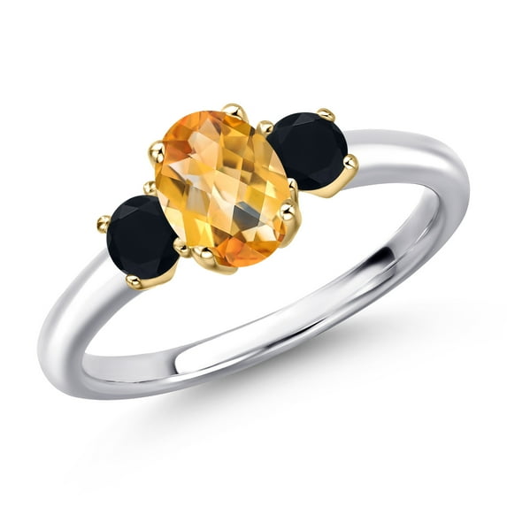 Gem Stone King 10K Two Tone Gold Yellow Citrine and Black Onyx Engagement Ring for Women | 0.99 Cttw | Oval Checkerboard 7X5MM | Gemstone November Birthstone | Size 8