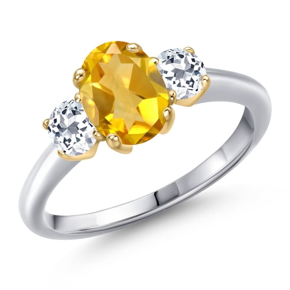 Gem Stone King 10K Two Tone Gold Yellow Citrine and White Topaz Engagement Ring for Women | 1.96 Cttw | Oval 8X6MM | Gemstone November Birthstone | Size 5