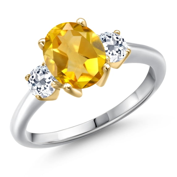 Gem Stone King 10K Two Tone Gold Yellow Citrine and White Topaz Engagement Ring for Women | 2.16 Cttw | Oval 9X7MM | Gemstone November Birthstone | Size 9